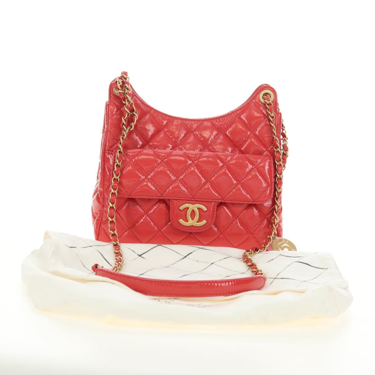 CHANEL Matelasse Hobo Chain Bag Patent leather Pink Gold CC Auth ka4620SM