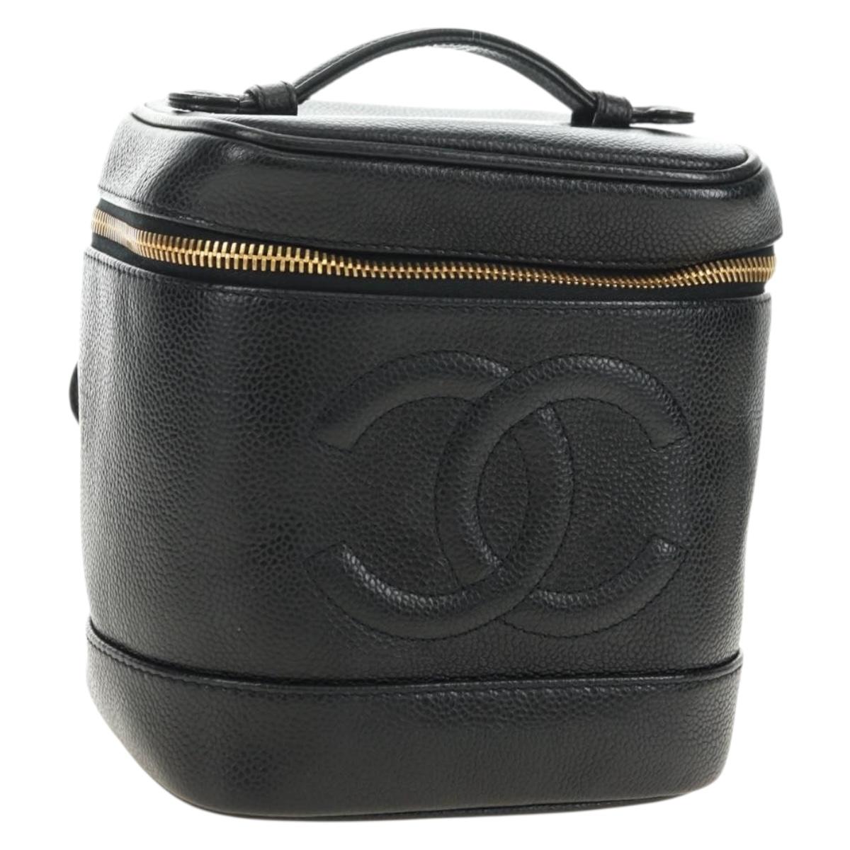 CHANEL Vanity Pouch Caviar Skin Black Gold CC Auth ka4623V