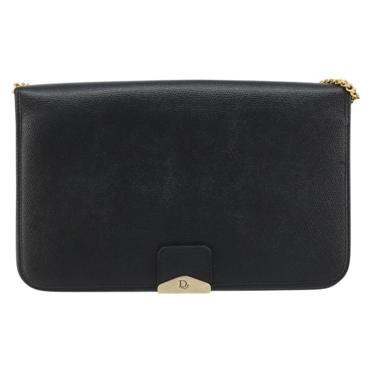 Christian Dior Chain Shoulder Bag Leather Black Gold Auth ka4632