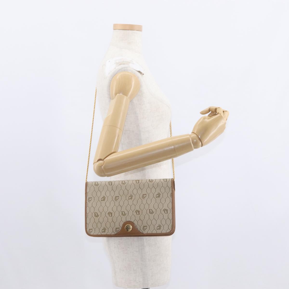 Christian Dior Honeycomb Canvas Chain Shoulder Bag PVC Beige Gold Auth ka464
