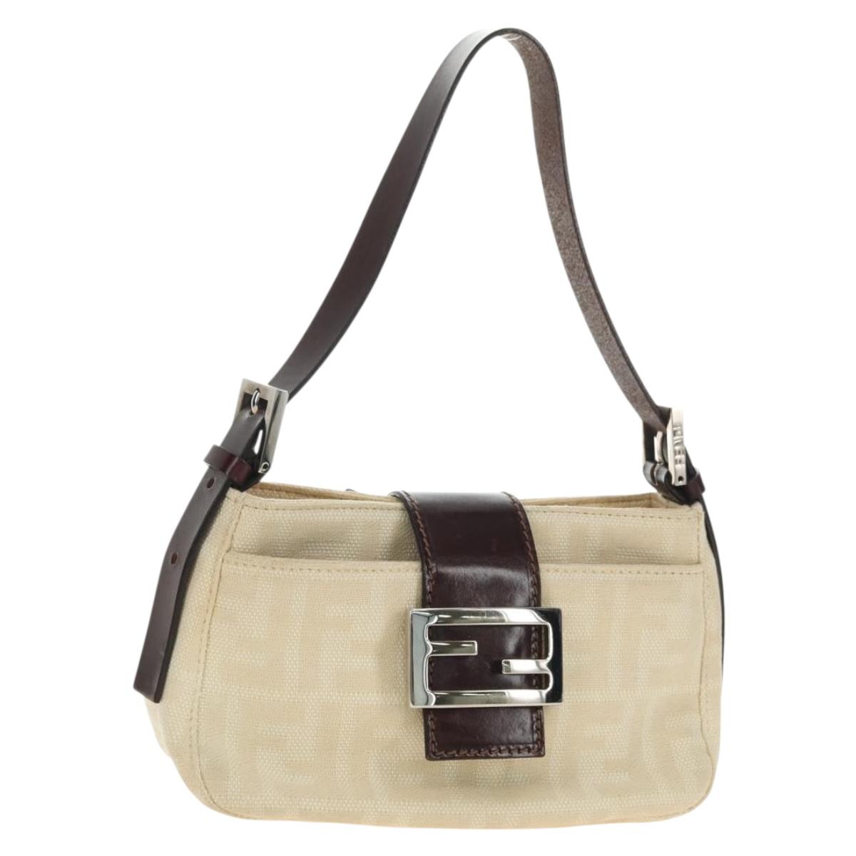 FENDI Zucca Canvas Mamma Baguette Shoulder Bag White Silver Auth ka4640M