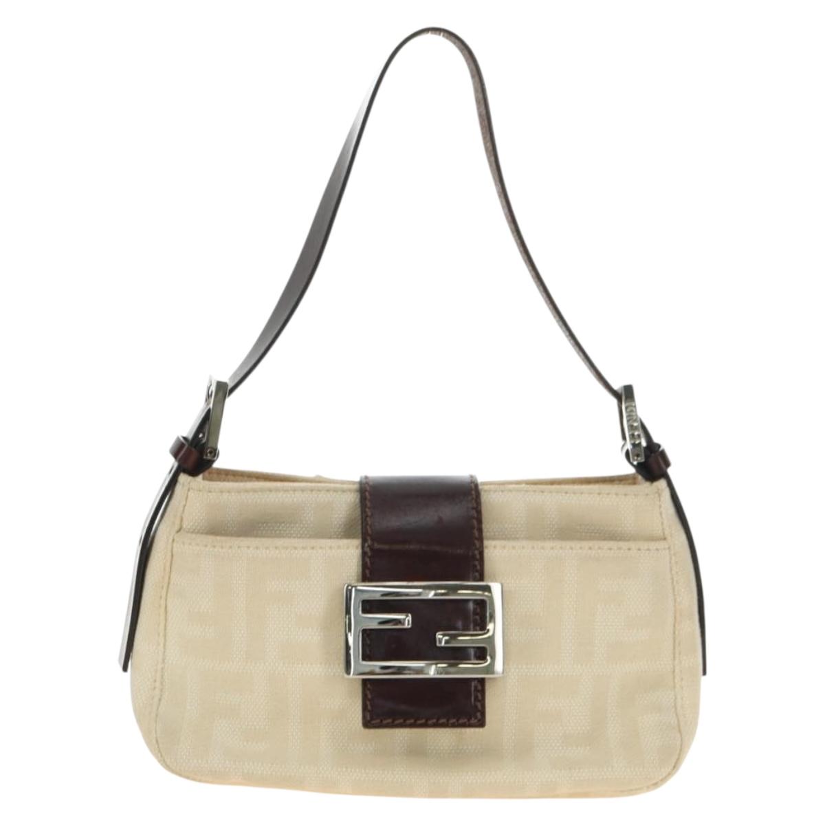 FENDI Zucca Canvas Mamma Baguette Shoulder Bag White Silver Auth ka4640M