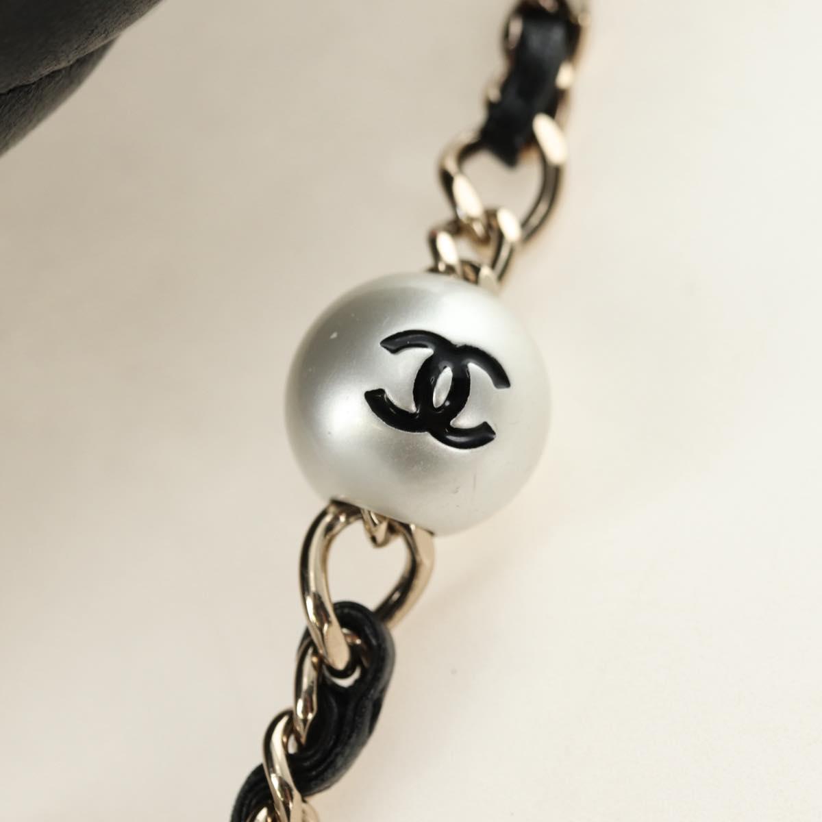 CHANEL Matelasse Pearl Chain Shoulder Bag Lamb Skin Black Gold CC Auth ka4643M
