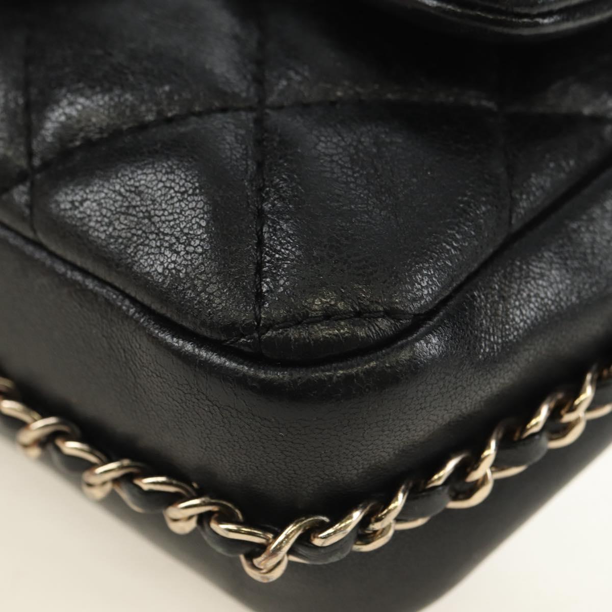 CHANEL Matelasse Pearl Chain Shoulder Bag Lamb Skin Black Gold CC Auth ka4643M
