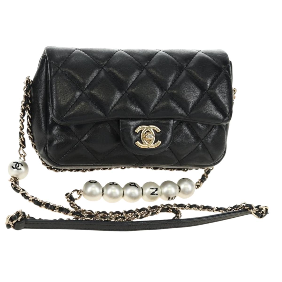 CHANEL Matelasse Pearl Chain Shoulder Bag Lamb Skin Black Gold CC Auth ka4643M