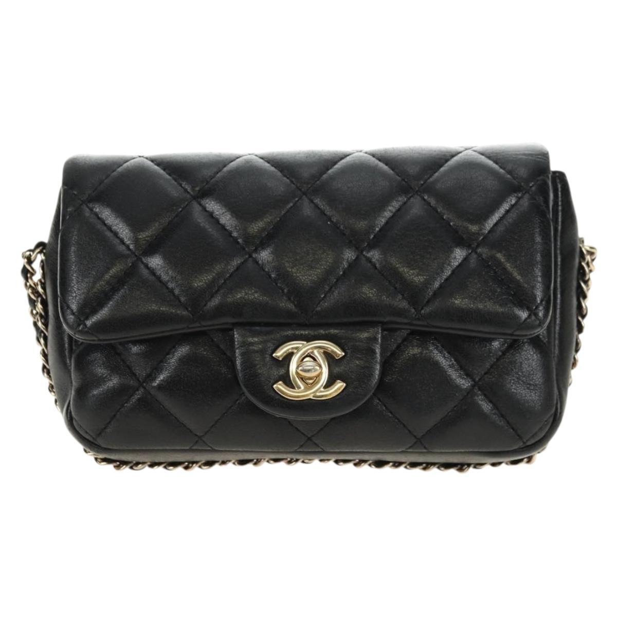 CHANEL Matelasse Pearl Chain Shoulder Bag Lamb Skin Black Gold CC Auth ka4643M