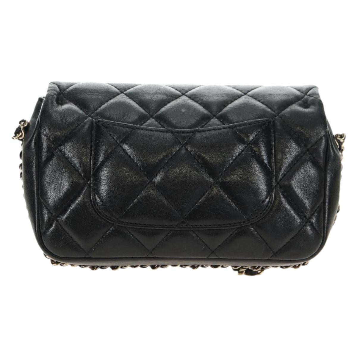 CHANEL Matelasse Pearl Chain Shoulder Bag Lamb Skin Black Gold CC Auth ka4643M