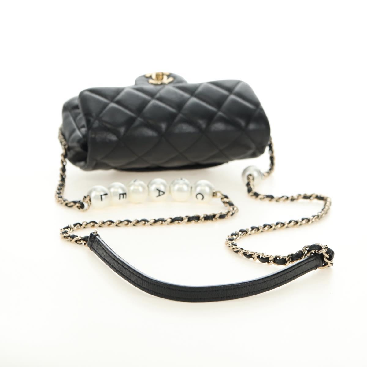 CHANEL Matelasse Pearl Chain Shoulder Bag Lamb Skin Black Gold CC Auth ka4643M