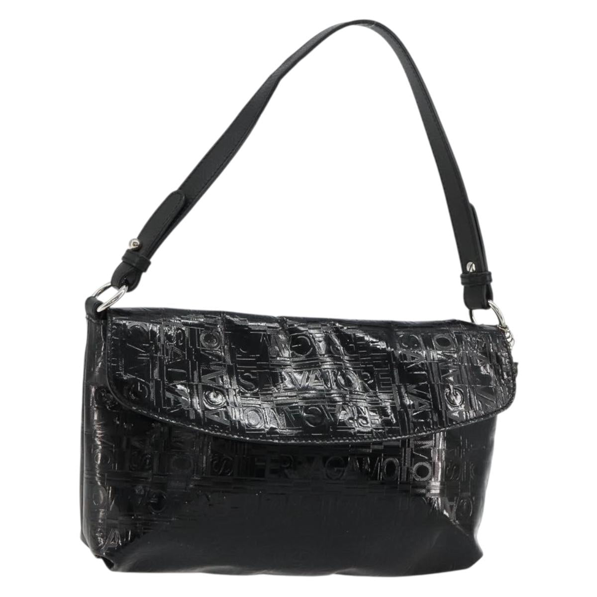 Salvatore Ferragamo Shoulder Bag Patent leather Black Silver Auth ka4653