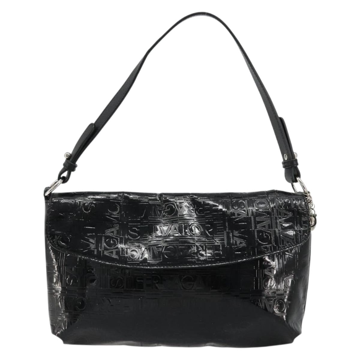 Salvatore Ferragamo Shoulder Bag Patent leather Black Silver Auth ka4653