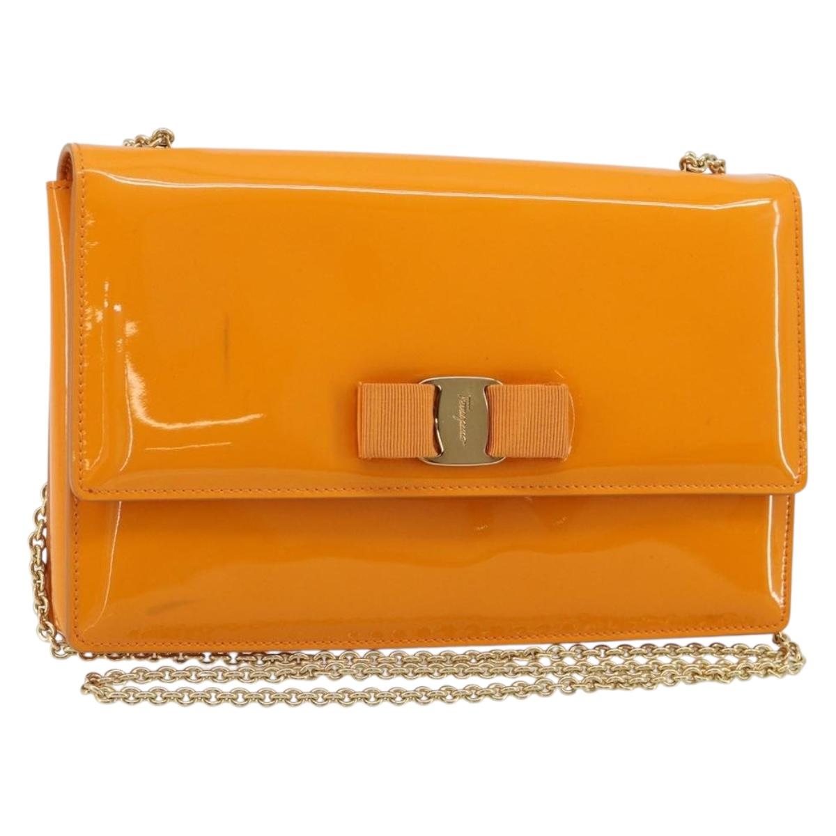 Salvatore Ferragamo Vala Shoulder Bag Patent leather Orange Gold Auth ka4654A