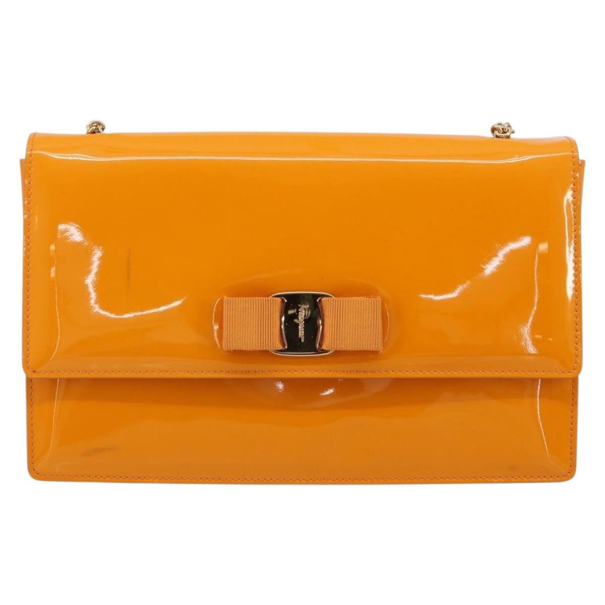 Salvatore Ferragamo Vala Shoulder Bag Patent leather Orange Gold Auth ka4654A