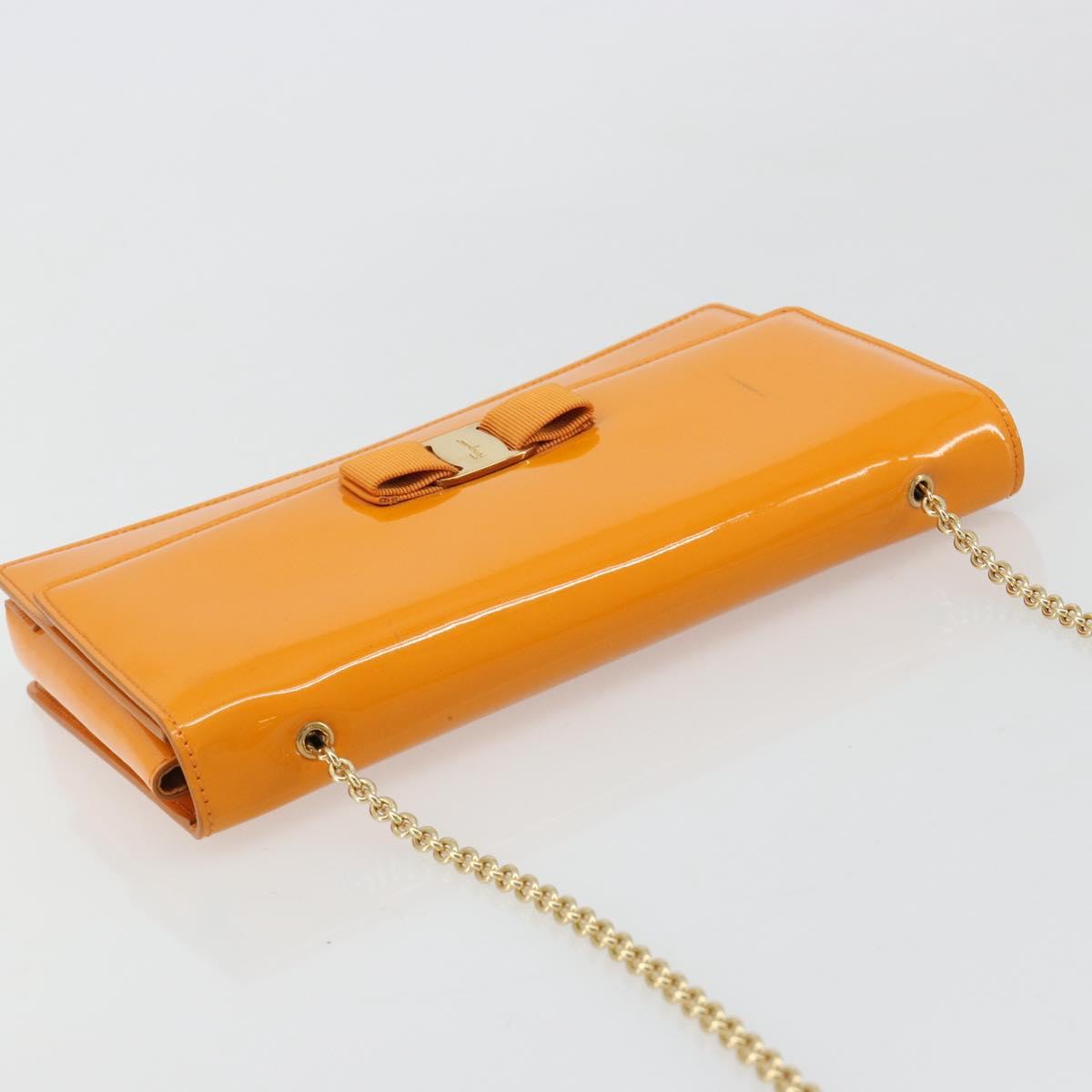 Salvatore Ferragamo Vala Shoulder Bag Patent leather Orange Gold Auth ka4654A