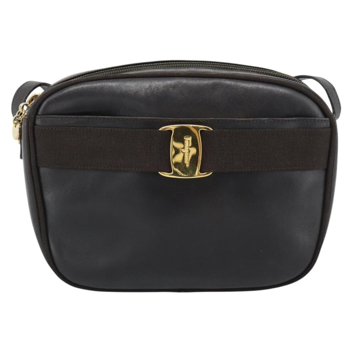 Salvatore Ferragamo Vala Shoulder Bag Leather Brown Gold Auth ka4659