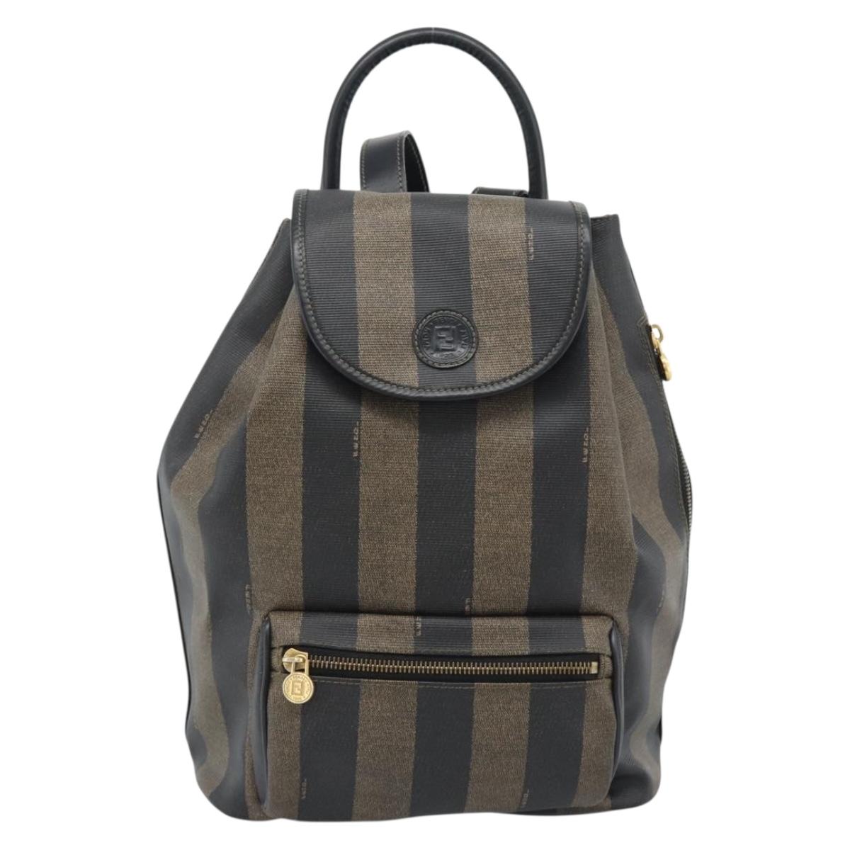 FENDI Pecan Canvas Backpack PVC Black Brown gold Auth ka4662