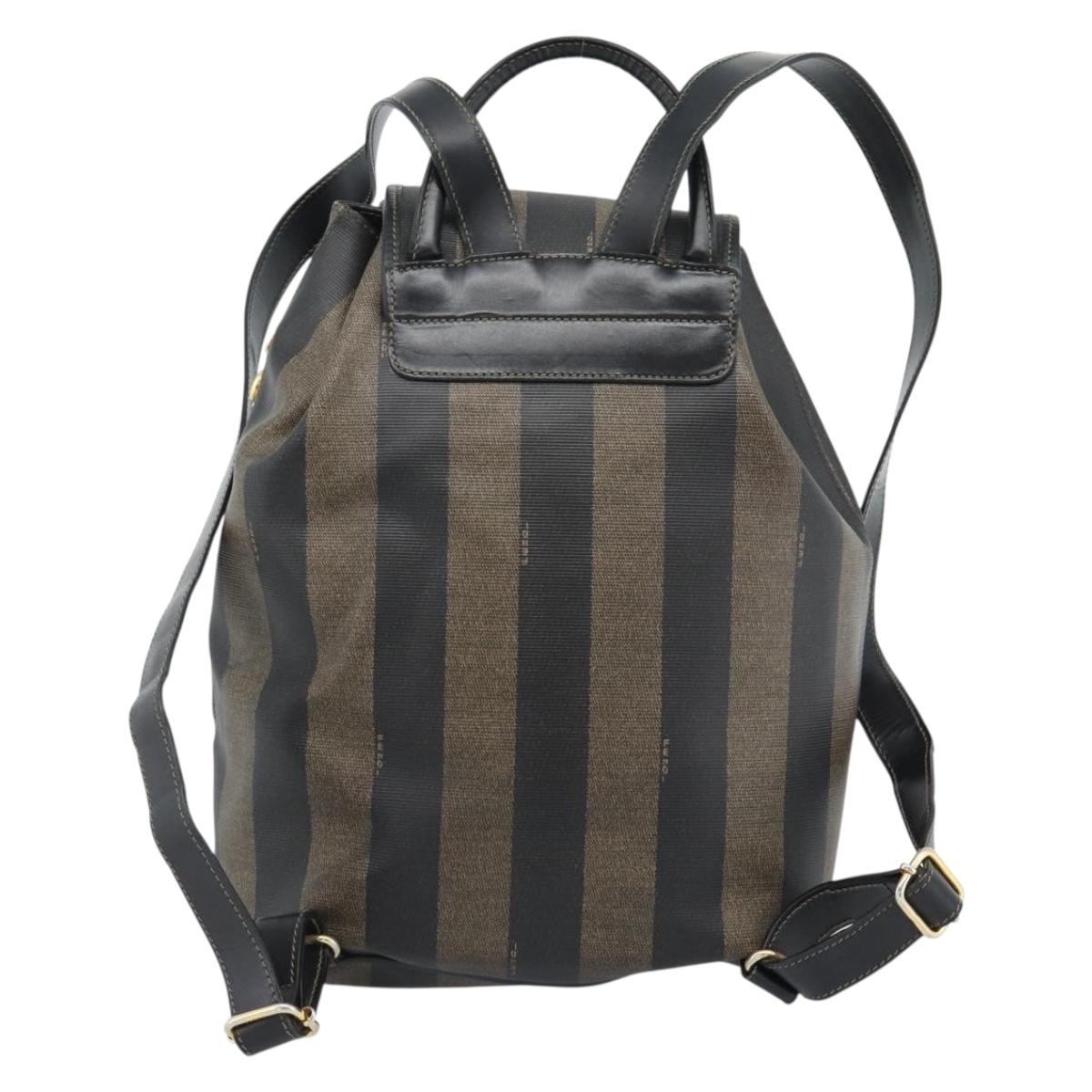 FENDI Pecan Canvas Backpack PVC Black Brown gold Auth ka4662