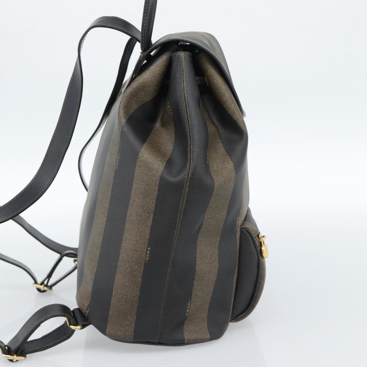 FENDI Pecan Canvas Backpack PVC Black Brown gold Auth ka4662