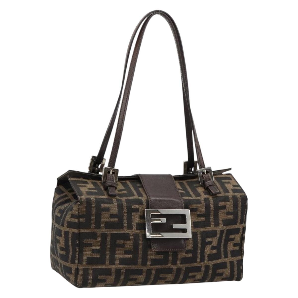FENDI Zucca Canvas Hand Bag Brown Black Silver Auth ka4667A
