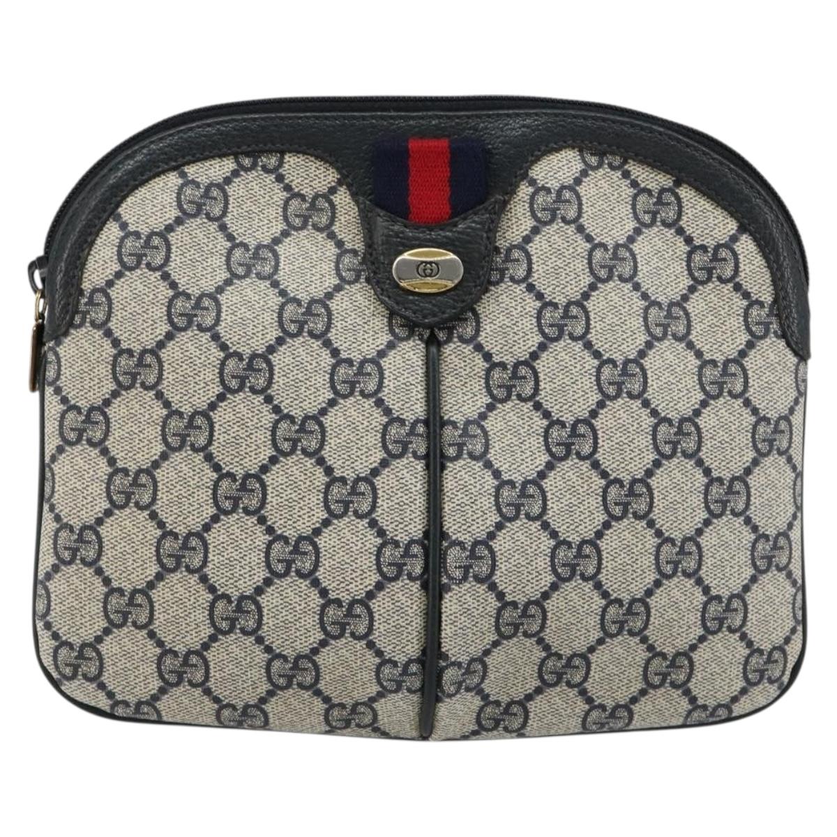 GUCCI GG Supreme Sherry Line Bag PVC Navy Gold Red 904 02 047 Auth ka4673
