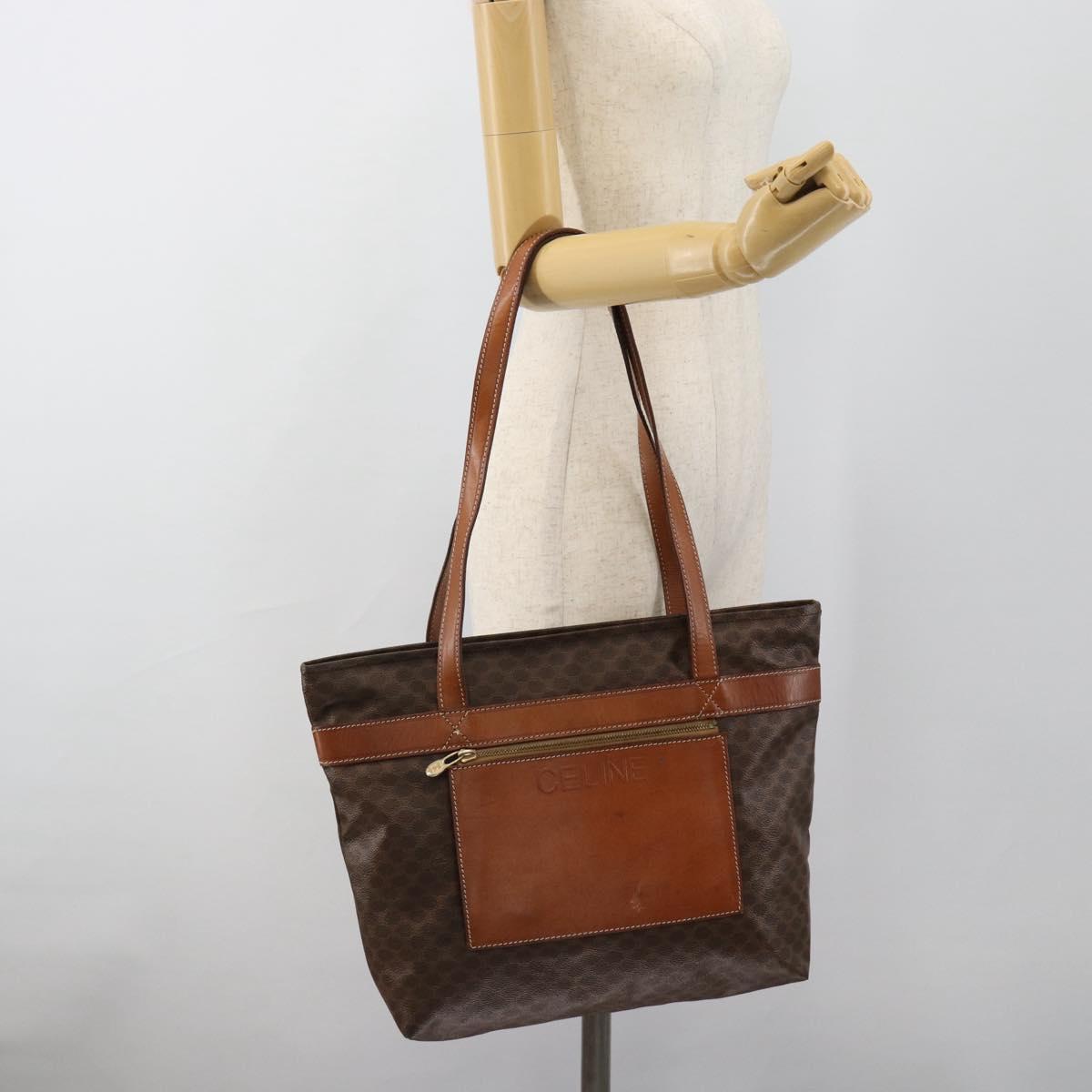 CELINE Macadam Canvas Tote Bag PVC Leather Brown Gold Auth ka4675