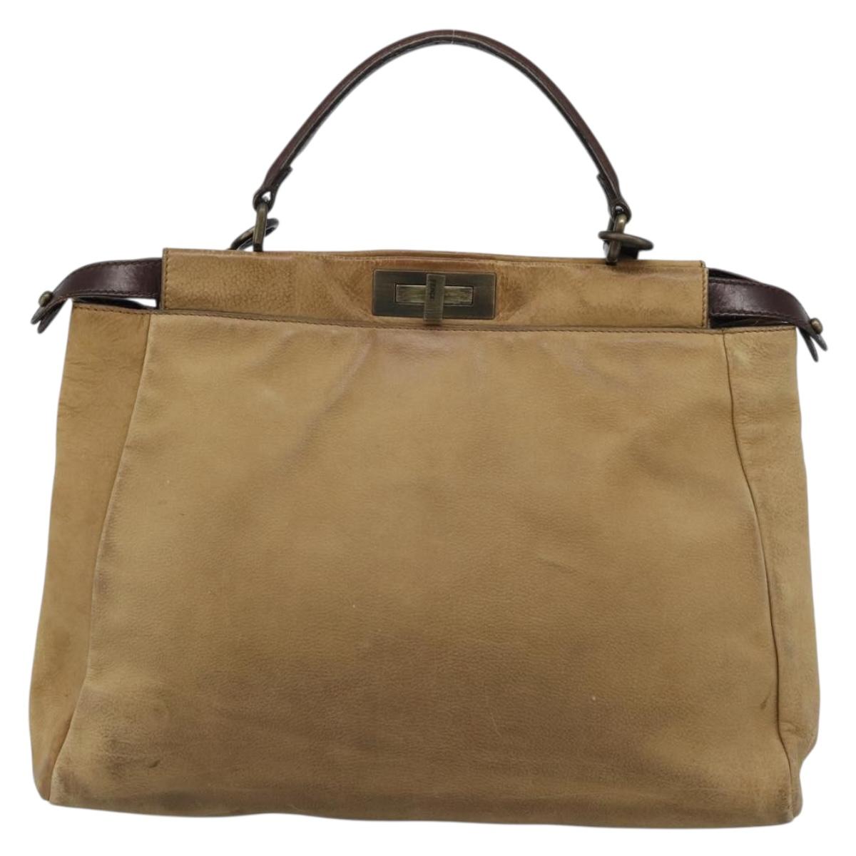 FENDI Peek A Boo Large Hand Bag Leather 2way Beige Auth ka4679