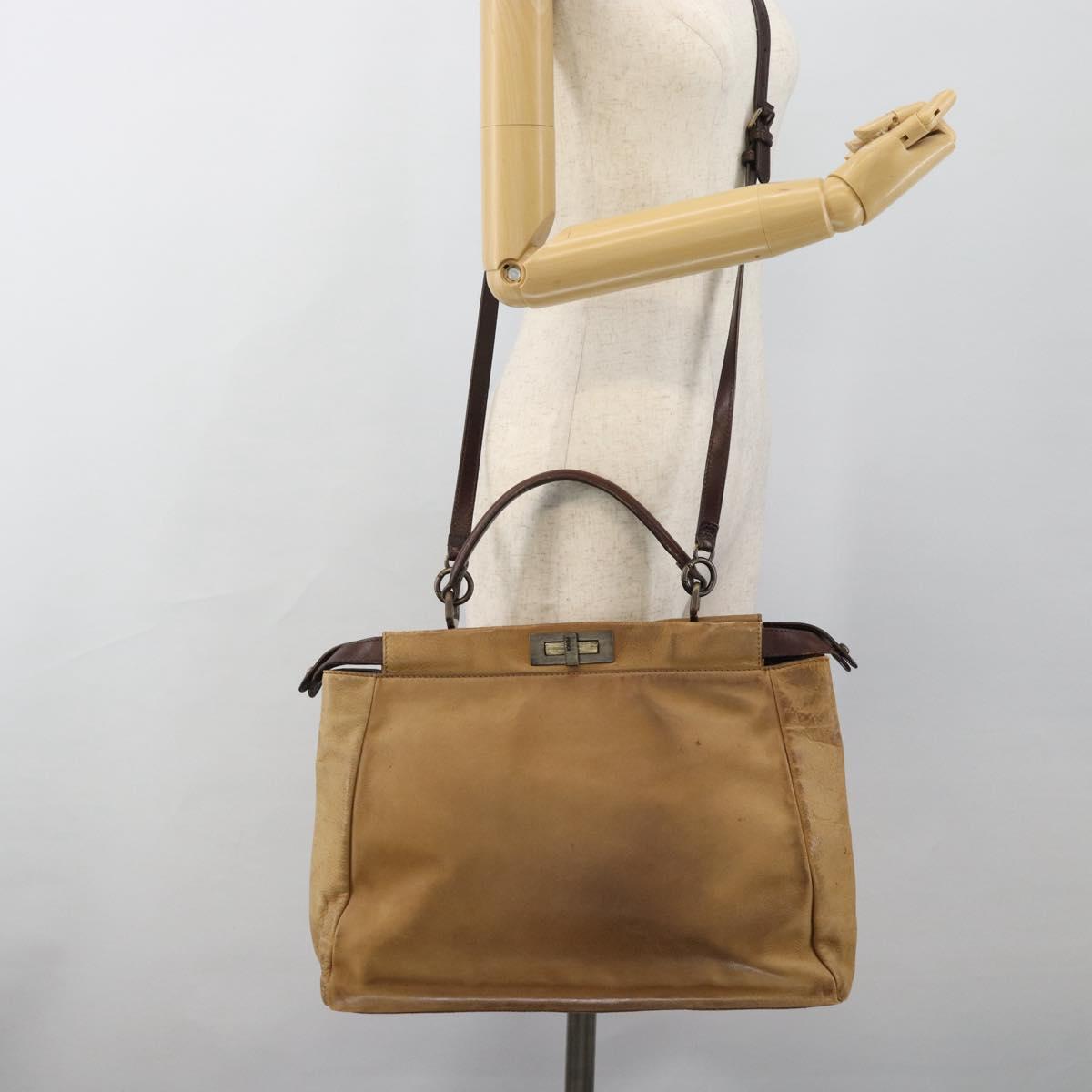 FENDI Peek A Boo Large Hand Bag Leather 2way Beige Auth ka4679