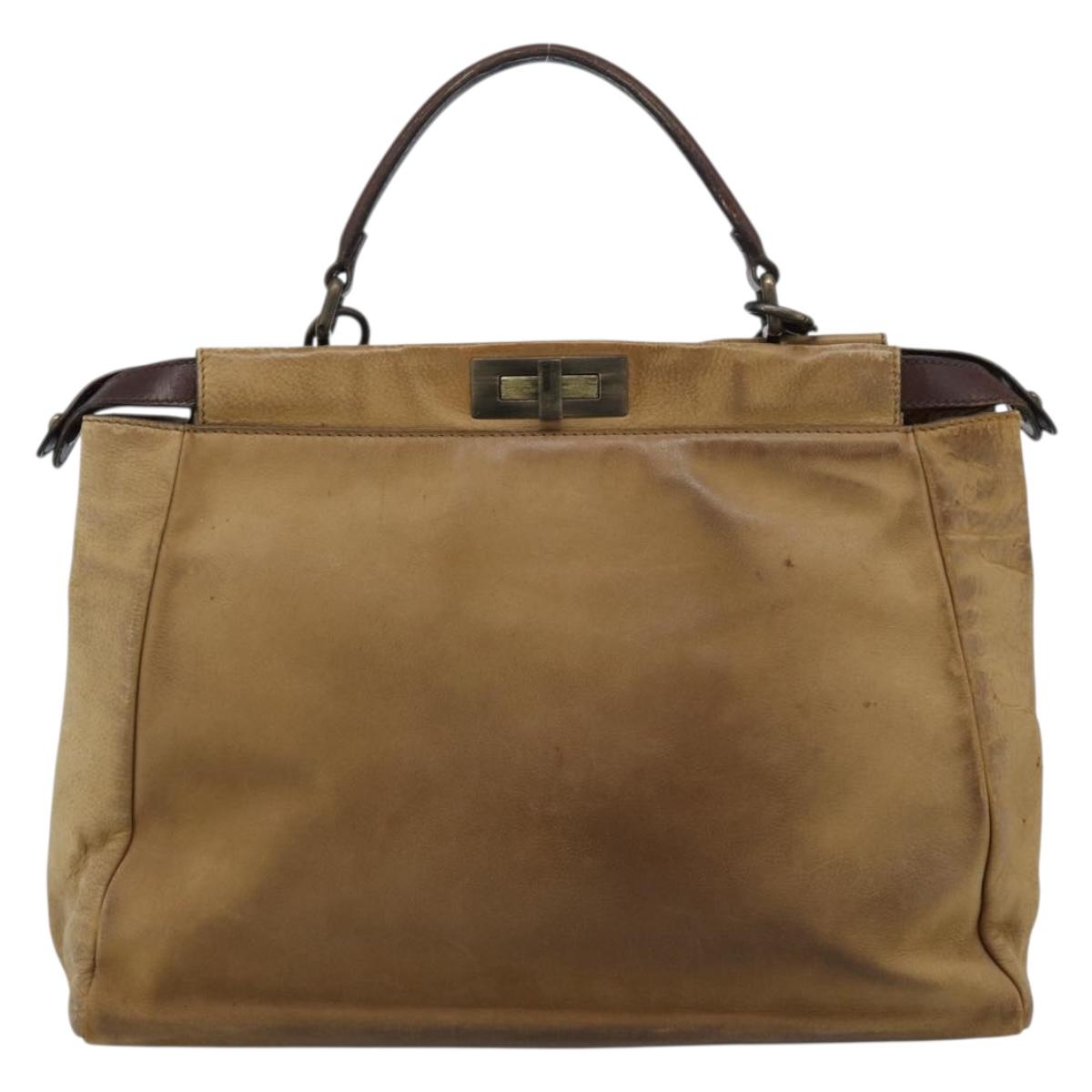 FENDI Peek A Boo Large Hand Bag Leather 2way Beige Auth ka4679