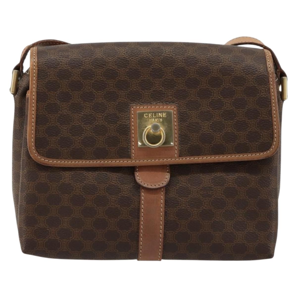 CELINE Macadam Canvas Circle Shoulder Bag PVC Leather Brown Gold Auth ka4684A