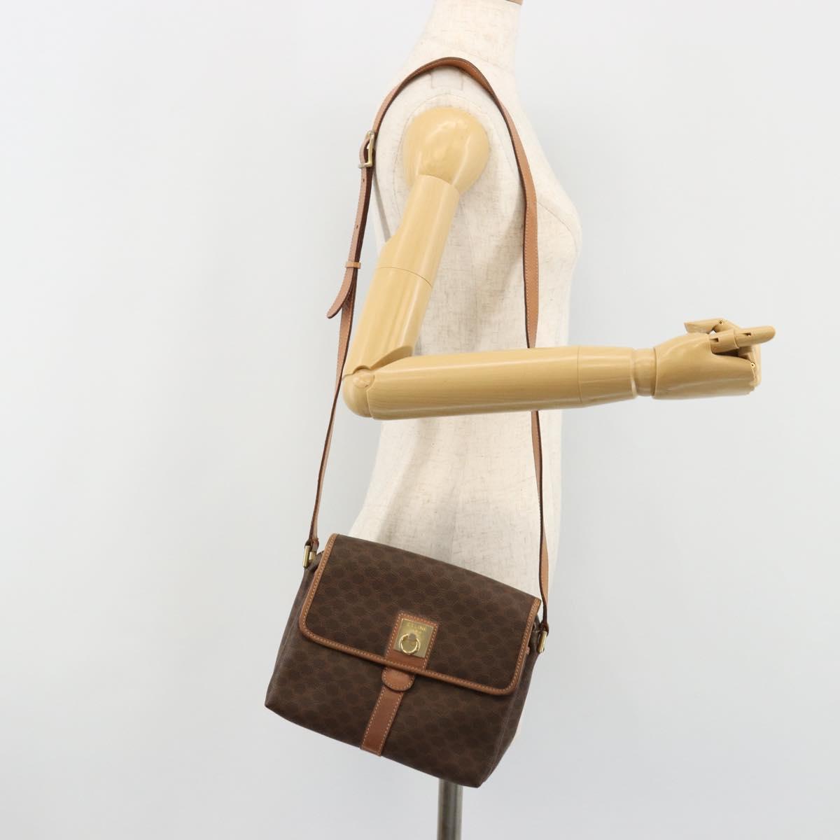 CELINE Macadam Canvas Circle Shoulder Bag PVC Leather Brown Gold Auth ka4684A