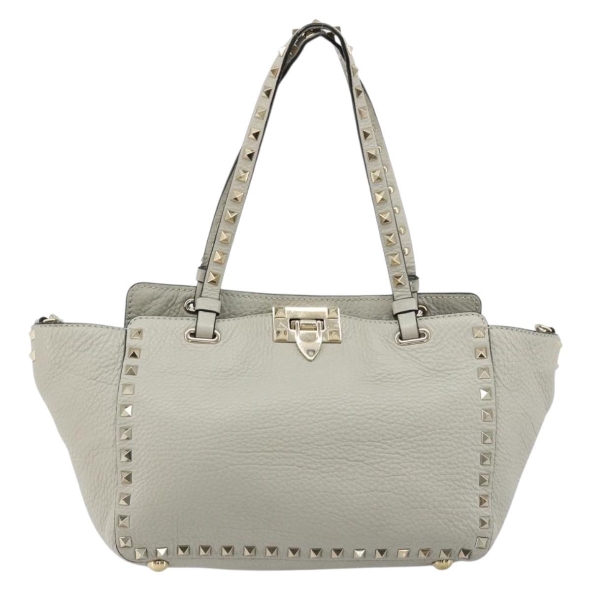 VALENTINO Rock Studs Hand Bag Leather 2way Gray Gold Auth ka4689A