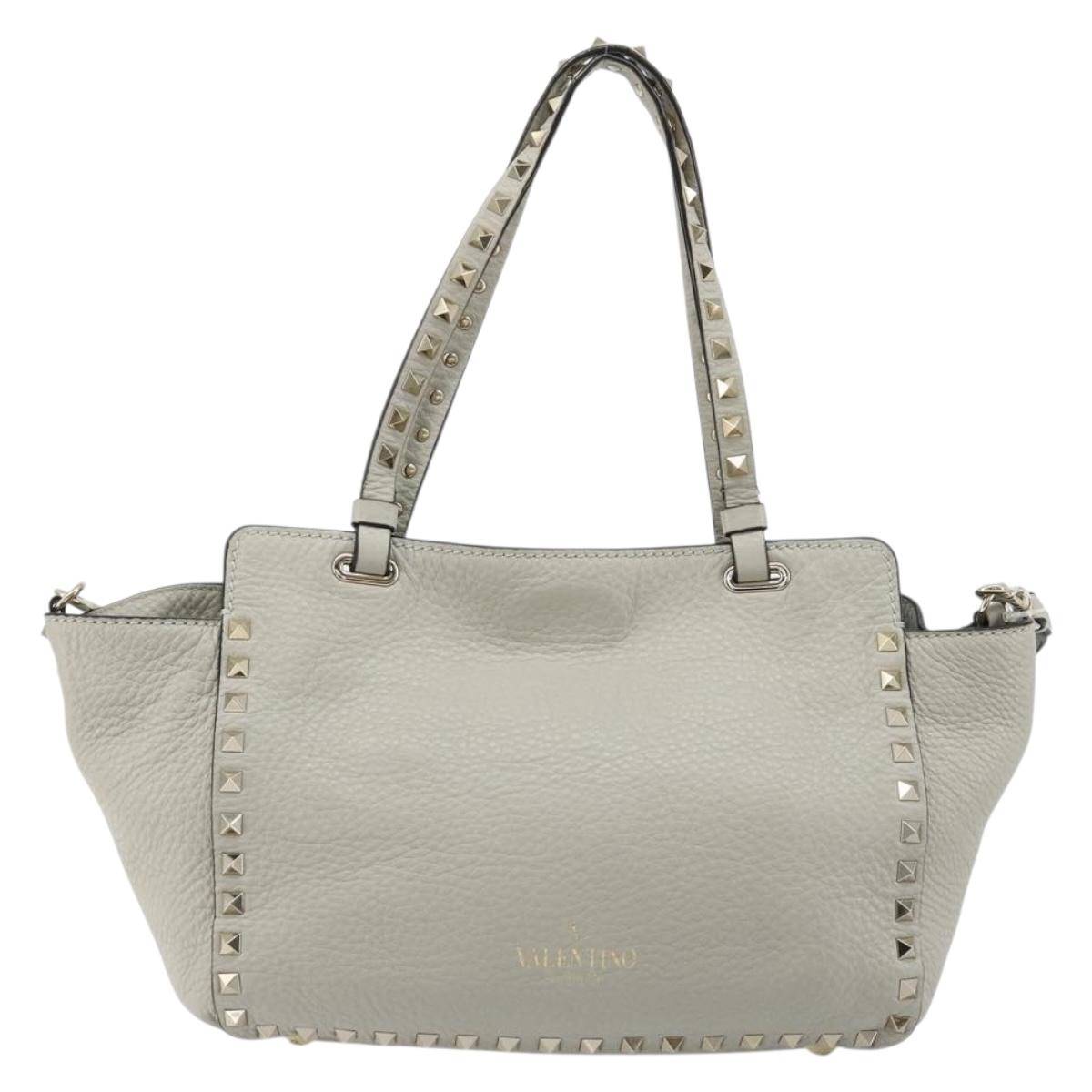 VALENTINO Rock Studs Hand Bag Leather 2way Gray Gold Auth ka4689A