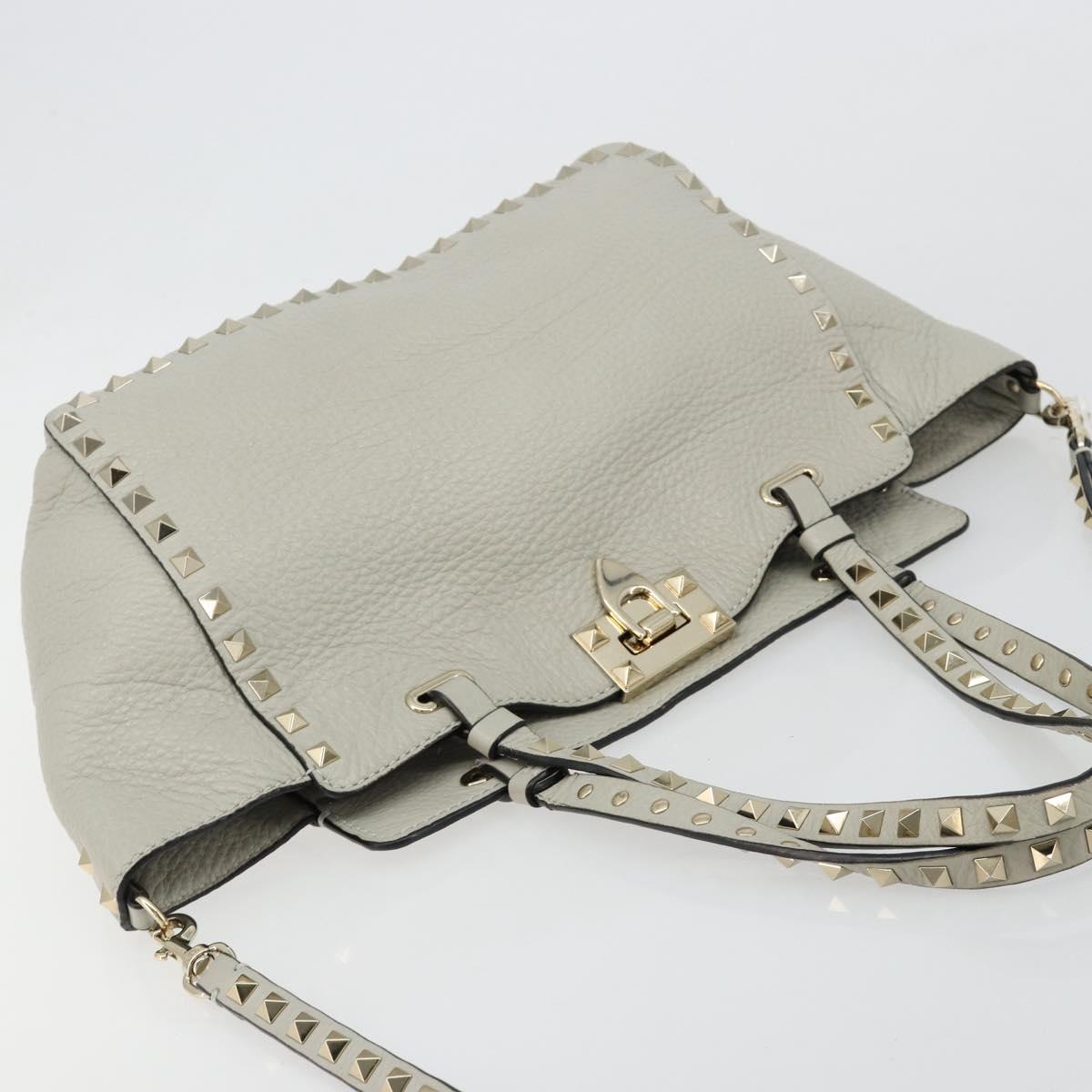 VALENTINO Rock Studs Hand Bag Leather 2way Gray Gold Auth ka4689A