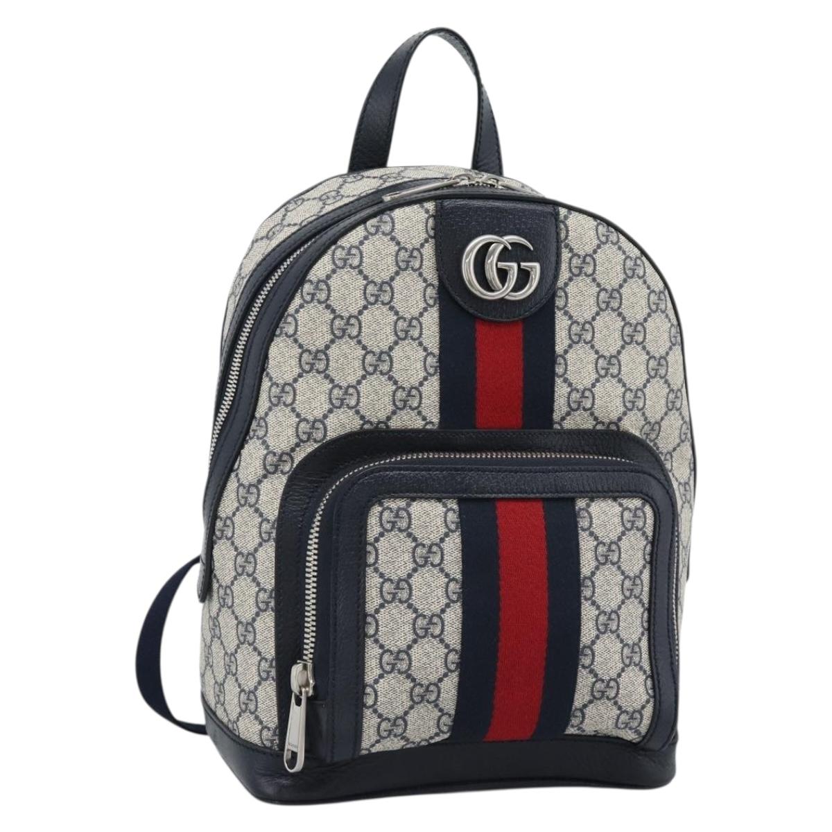GUCCI GG Supreme Sherry Line Backpack PVC Navy Silver Red 547965 Auth ka4697SAM