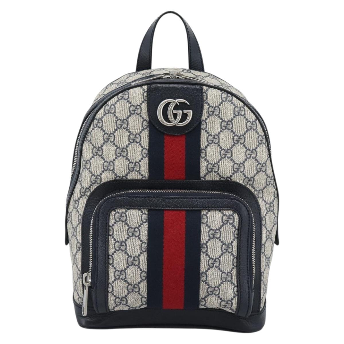 GUCCI GG Supreme Sherry Line Backpack PVC Navy Silver Red 547965 Auth ka4697SAM