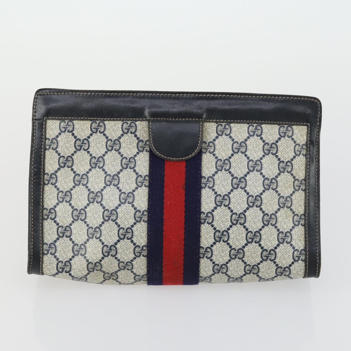 GUCCI GG Supreme Web Sherry Line Clutch Bag PVC 2 Set Navy Beige Auth ka472