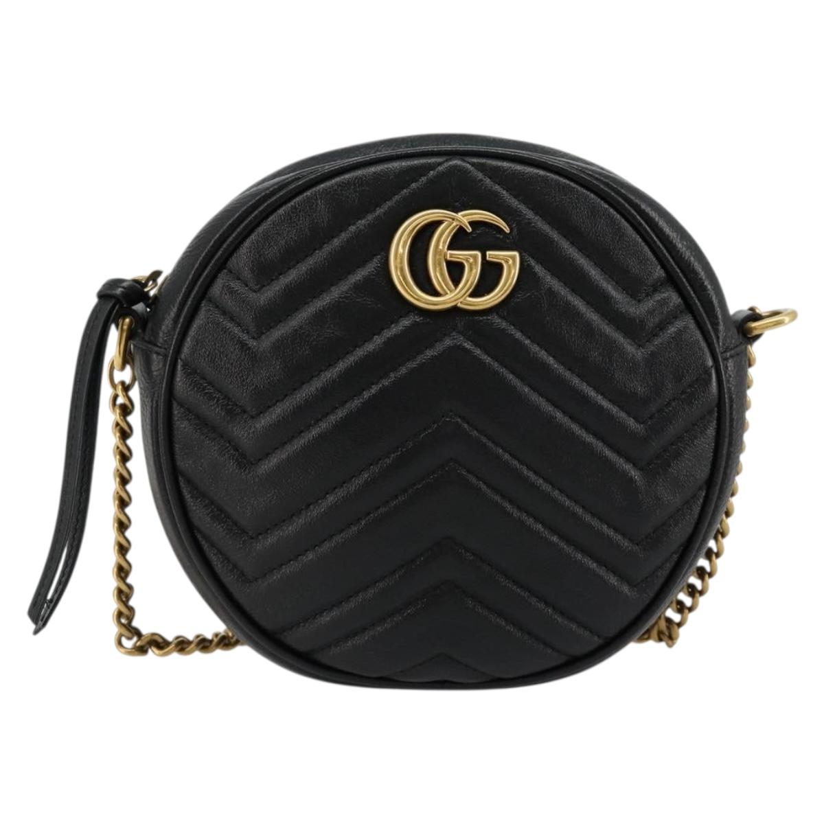 GUCCI GG Marmont Chain Shoulder Bag Leather Black Gold 550154 Auth ka4725A