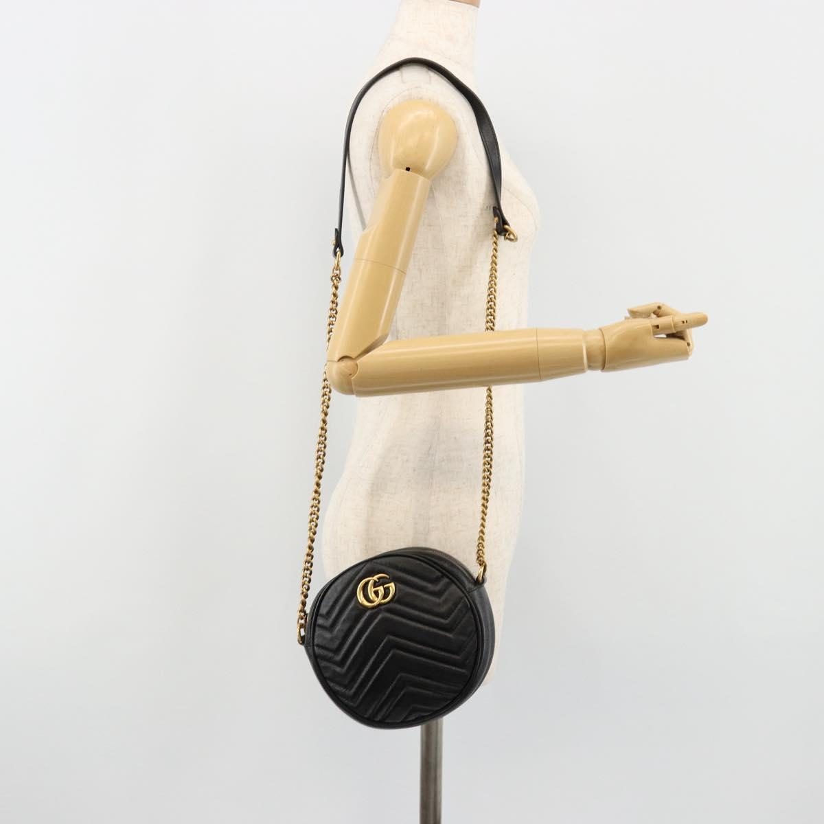 GUCCI GG Marmont Chain Shoulder Bag Leather Black Gold 550154 Auth ka4725A