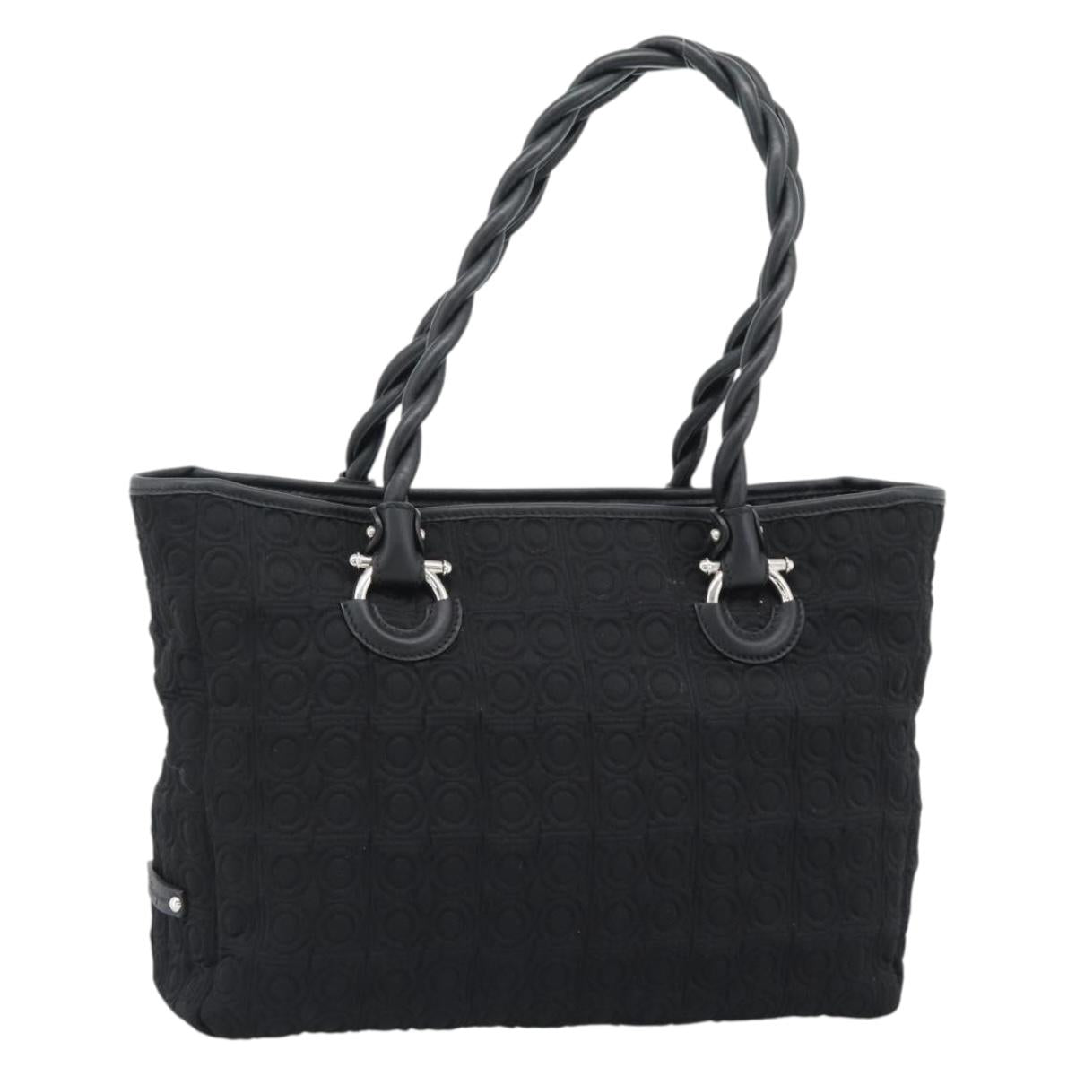 Salvatore Ferragamo Gancini Tote Bag Canvas Leather Black Silver Auth ka4727A