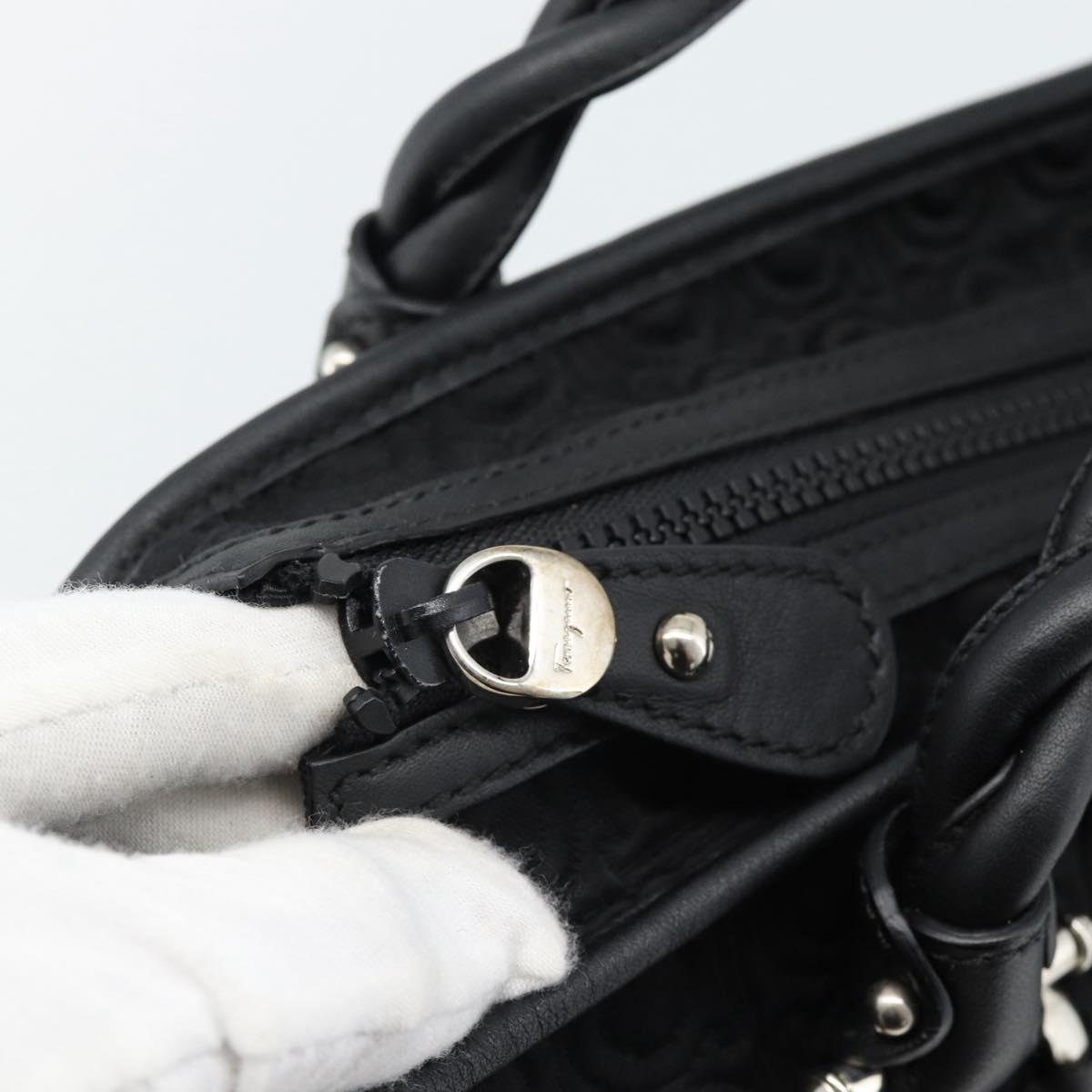 Salvatore Ferragamo Gancini Tote Bag Canvas Leather Black Silver Auth ka4727A