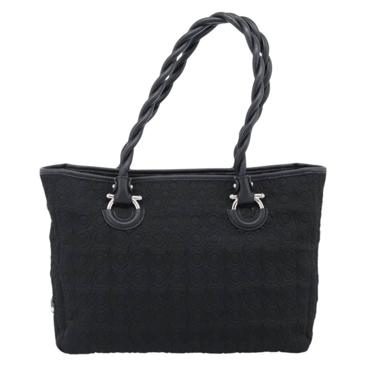 Salvatore Ferragamo Gancini Tote Bag Canvas Leather Black Silver Auth ka4727A