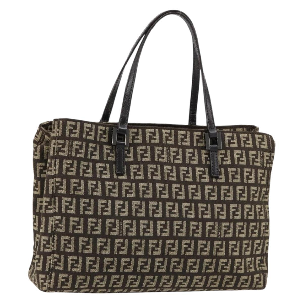FENDI Zucchino Canvas Hand Bag Brown Silver Auth ka4734