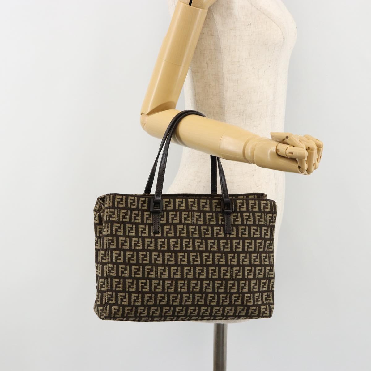 FENDI Zucchino Canvas Hand Bag Brown Silver Auth ka4734