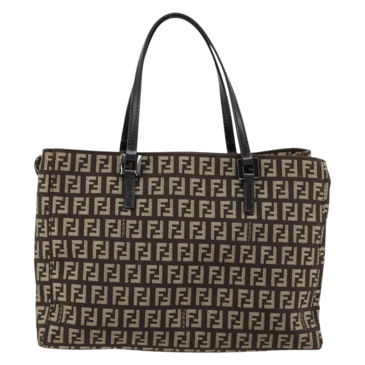 FENDI Zucchino Canvas Hand Bag Brown Silver Auth ka4734