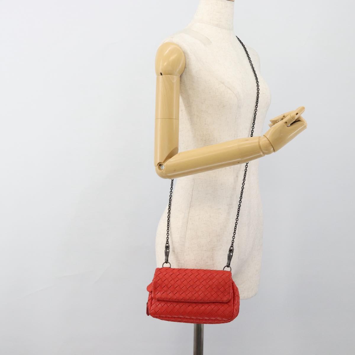 BOTTEGA VENETA INTRECCIATO Chain Shoulder Bag Leather Red Auth ka4740A