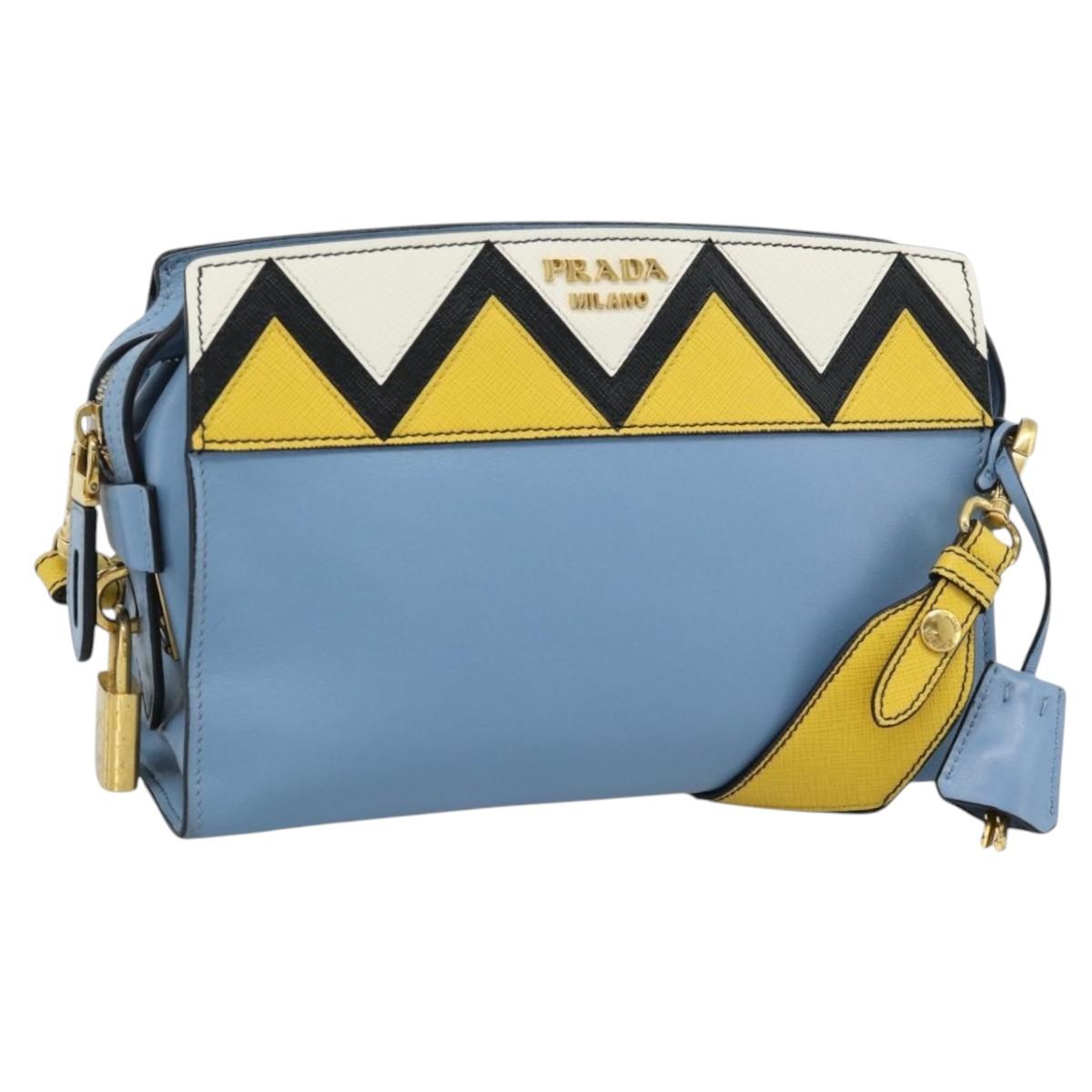 PRADA Shoulder Bag Leather Light Blue Gold Auth ka4742M