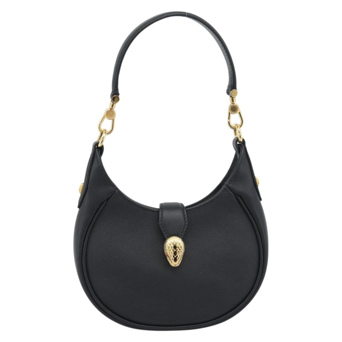 BVLGARI Hand Bag Leather 2way Black Gold Auth ka4770M
