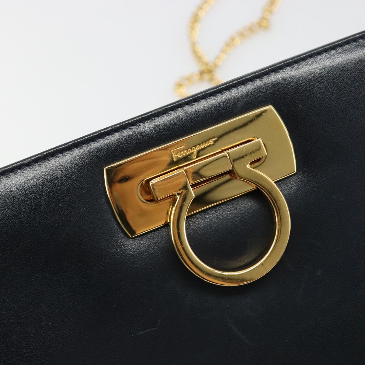 Salvatore Ferragamo Gancini Chain Shoulder Bag Leather Navy Gold Auth ka4772