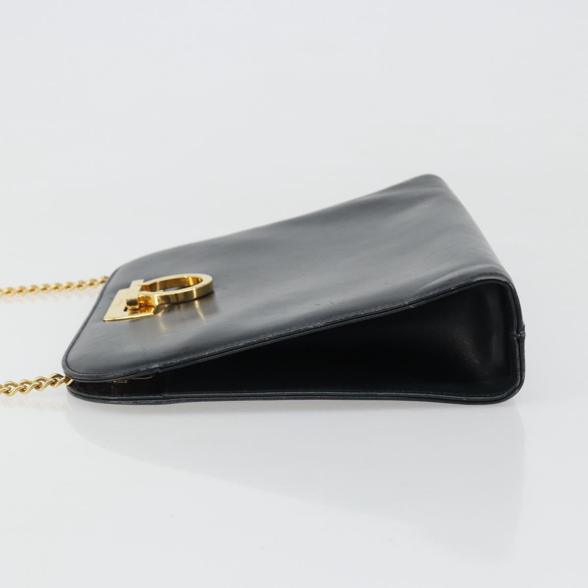 Salvatore Ferragamo Gancini Chain Shoulder Bag Leather Navy Gold Auth ka4772