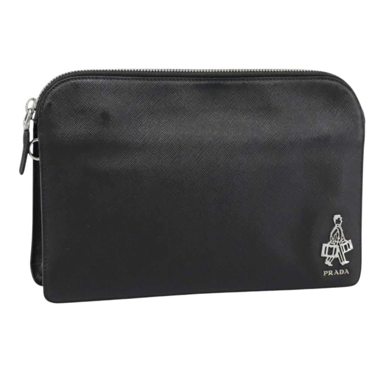 PRADA Clutch Bag Leather Black Silver Auth ka4774