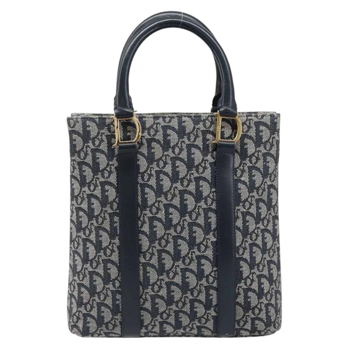 Christian Dior Trotter Canvas Hand Bag Navy Gold Auth ka4777